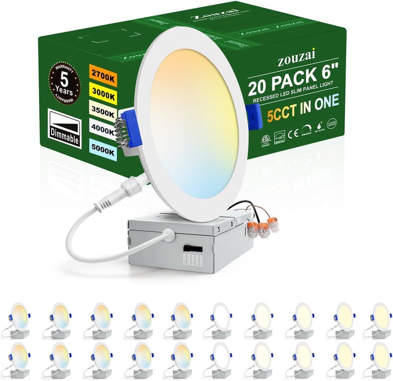 zouzai 20 Pack 6 Inch Ultra-Thin LED Recessed Ceiling Light with Junction Box 5CCT Adjustable Dimmable Can-Killer Downlight - ETL and Energy Star Certified - Image 1